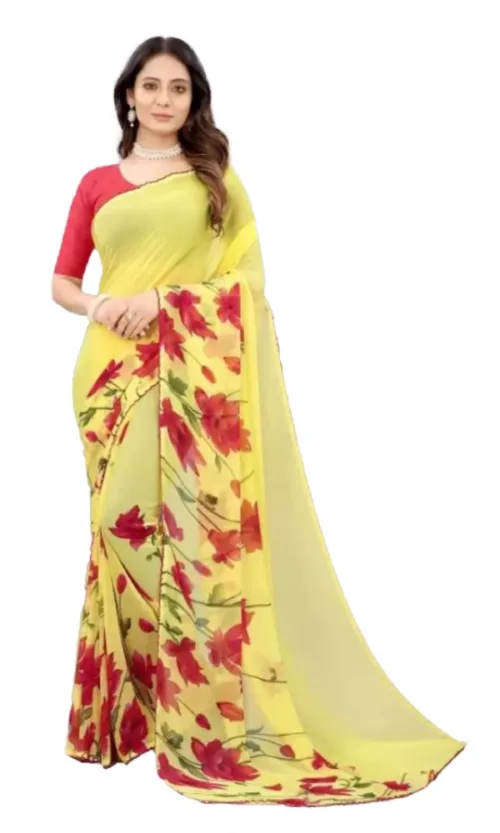 Women's Georgette Printed Saree With Unstitched Blouse (Yellow)
