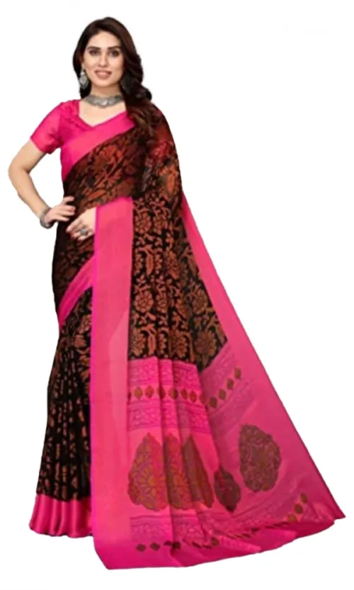 Women's Viscose Rayon Printed Saree With Unstitched Blouse (Black)