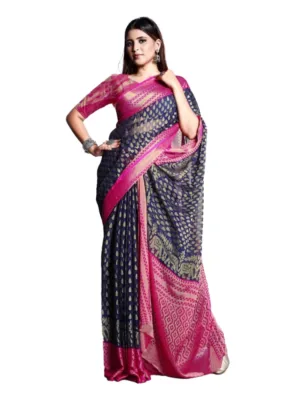 Women's Viscose Rayon Printed Saree With Unstitched Blouse (Navy Blue)