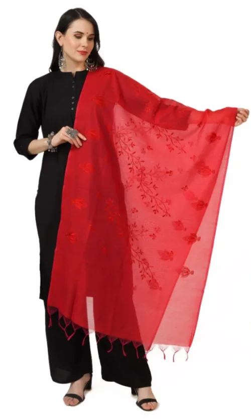 Women's Cotton Embroidered Dupatta (Red, Length: 2.25 to 2.50 Mtr)