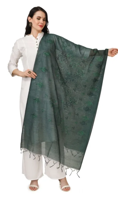 Women's Cotton Embroidered Dupatta (Green, Length: 2.25 to 2.50 Mtr)