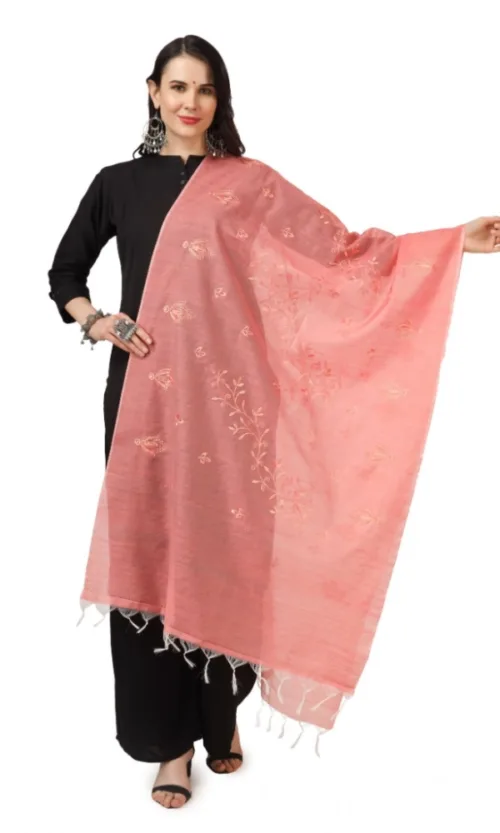 Women's Cotton Embroidered Dupatta (Peach, Length: 2.25 to 2.50 Mtr)