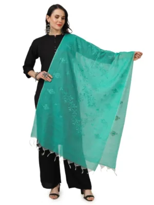 Women's Cotton Embroidered Dupatta (Turquoise, Length: 2.25 to 2.50 Mtr)