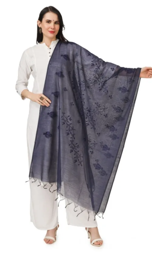Women's Cotton Embroidered Dupatta (Dark Blue, Length: 2.25 to 2.50 Mtr)
