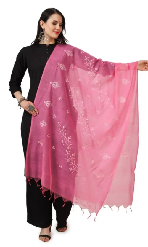 Women's Cotton Embroidered Dupatta (Pink, Length: 2.25 to 2.50 Mtr)