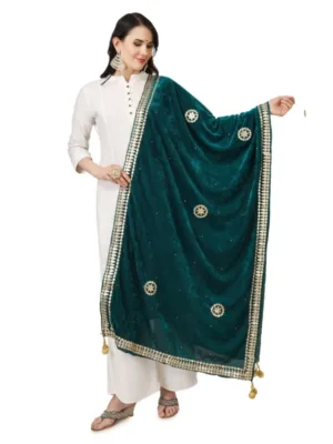 Women's Velvet Gotta Patti Dupatta (Dark Green, Length: 2.25 to 2.50 Mtr)