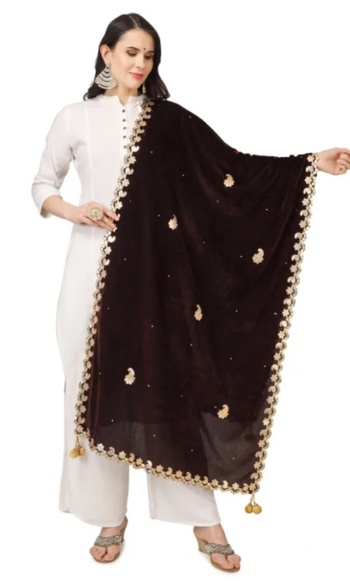 Women's Velvet Gotta Patti Dupatta (Brown, Length: 2.25 to 2.50 Mtr)