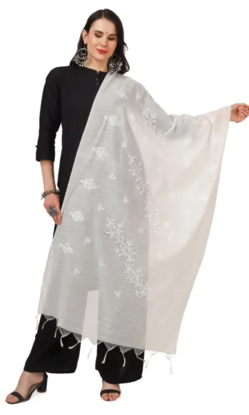 Women's Cotton Embroidered Dupatta (White, Length: 2.25 to 2.50 Mtr)