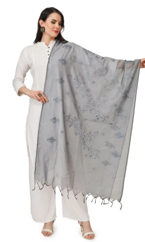 Women's Cotton Embroidered Dupatta (Grey, Length: 2.25 to 2.50 Mtr)