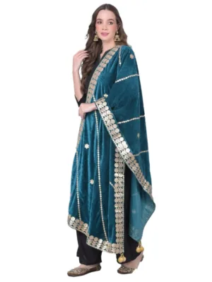 Women's Velvet Gotta Patti Dupatta (Teal, Length: 2.25 to 2.50 Mtr)