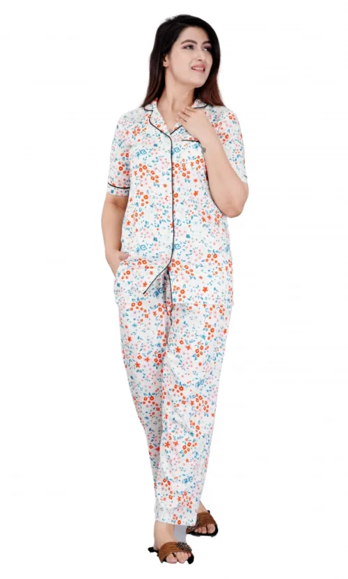Women's Casual Half Sleeve Printed Viscose Rayon Shirt With Pyjama Pant Night Suit Set (White)