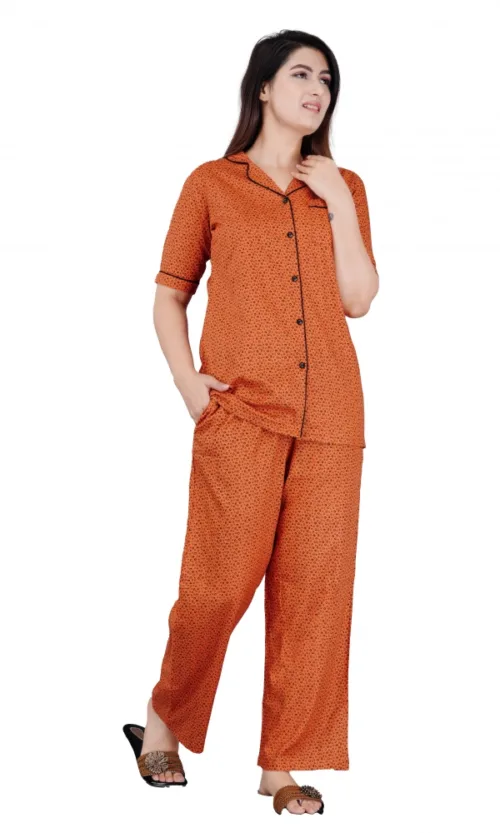 Women's Casual Half Sleeve Printed Viscose Rayon Shirt With Pyjama Pant Night Suit Set (Brown)