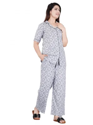 Women's Casual Half Sleeve Printed Viscose Rayon Shirt With Pyjama Pant Night Suit Set (Grey)