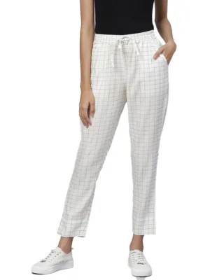 Women's Casual Checked Rayon Trouser Pant (White)