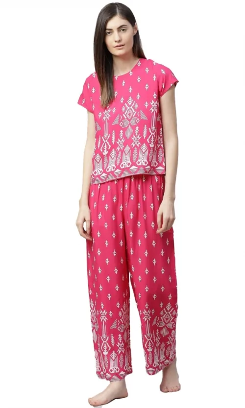 Women's Casual Short Sleeve Printed Rayon Pajama Set (Pink)