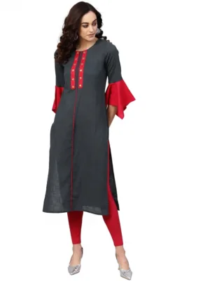 Women's Casual Bell Sleeves Mirror Work Cotton Slub Kurti (Grey)
