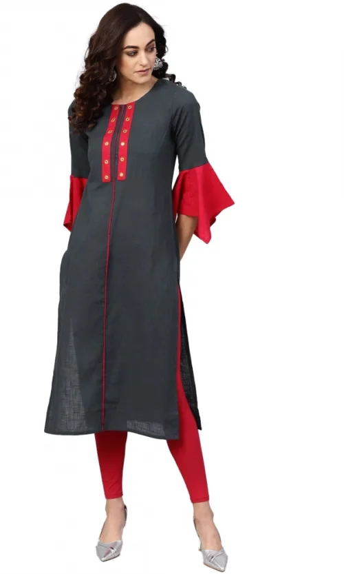 Women's Casual Bell Sleeves Mirror Work Cotton Slub Kurti (Grey)