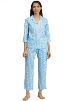 Women's Casual 3/4 th Sleeve Floral Printed Rayon Shirt With Pyjama Pant Night Suit Set (Blue)