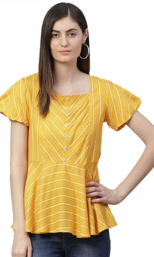 Women's Casual Short Sleeves Stripe Printed Rayon Top (Mustard)