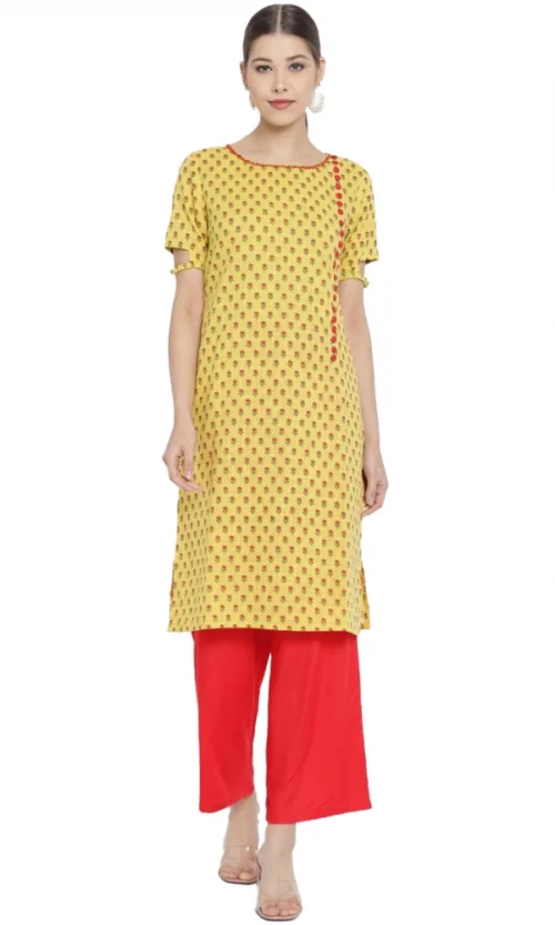 Women's Casual Short Sleeves Floral Printed Cotton & Rayon Kurti Palazzo Set (Yellow & Red)