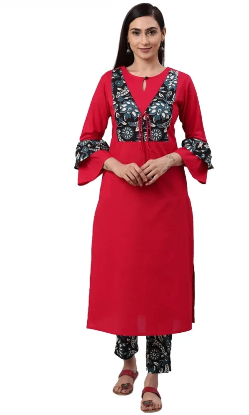Women's Casual Bell Sleeves Floral Printed Cotton Kurti Set (Rani Pink)