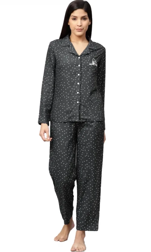 Women's Casual Full Sleeves Polka Dot Printed Rayon Shirt With Pyjama Pant Night Suit Set (Grey)
