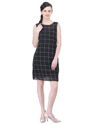 Women's Cotton Blend Checked Sleeveless Sheath Dress (Black)