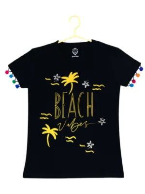 Girl's Casual Short Sleeve Printed Cotton T Shirt (Black)