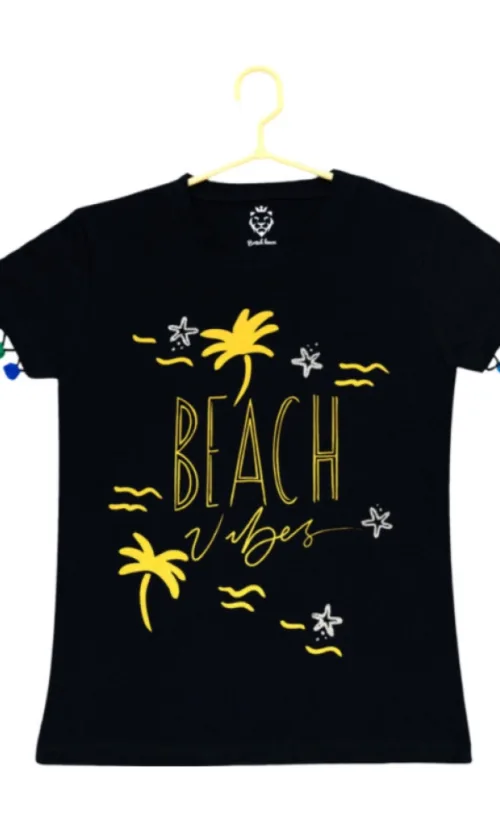 Girl's Casual Short Sleeve Printed Cotton T Shirt (Black)