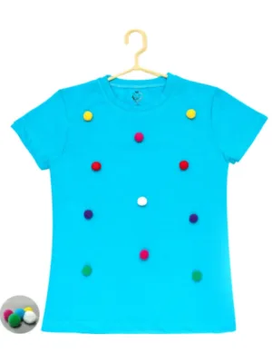 Girl's Casual Short Sleeve Pom Pom Balls Cotton T Shirt (Blue)