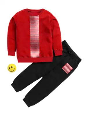 Boy's Casual Full Sleeve Printed Cotton T Shirt With Pant (Red)