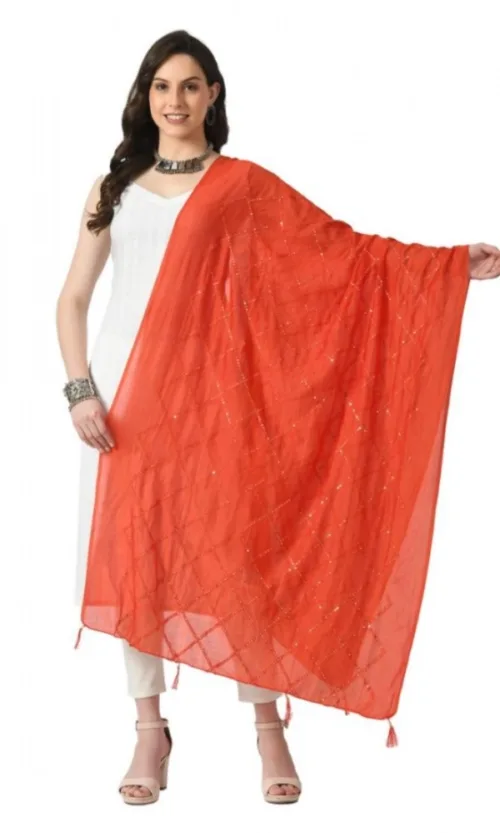 Women's Chanderi Self Design Dupatta (Orange, Length: Free Size)