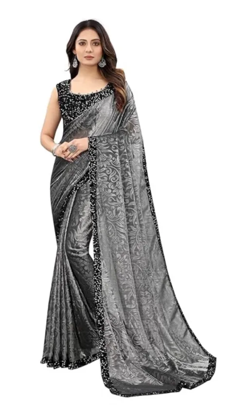 Women's Lycra Floral Saree With Unstitched Blouse (Grey, 5.5 Mtr)