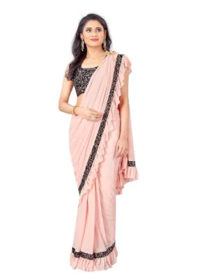 Women's Lycra Solid Saree With Unstitched Blouse (Peach, 5.5 Mtr)