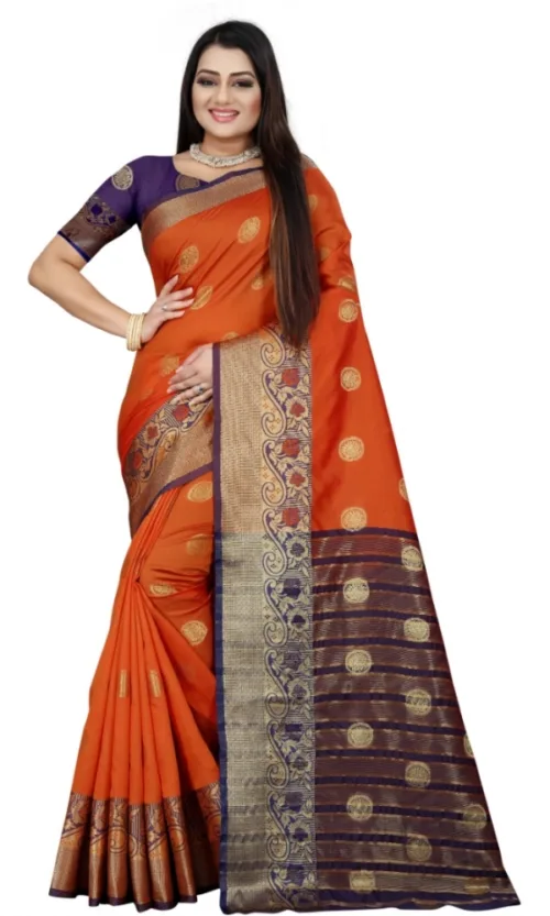 Women's Silk Blend Woven Saree With Unstitched Blouse 5.5Mtr (Blue-Orange)
