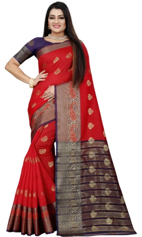 Women's Silk Blend Woven Saree With Unstitched Blouse 5.5Mtr (Purple-Red)