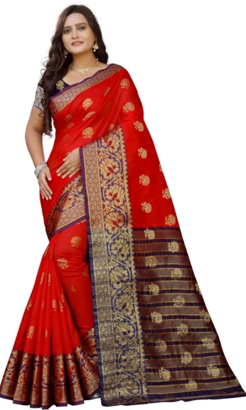 Women's Silk Blend Woven Saree With Unstitched Blouse 5.5Mtr (Purple-Red)