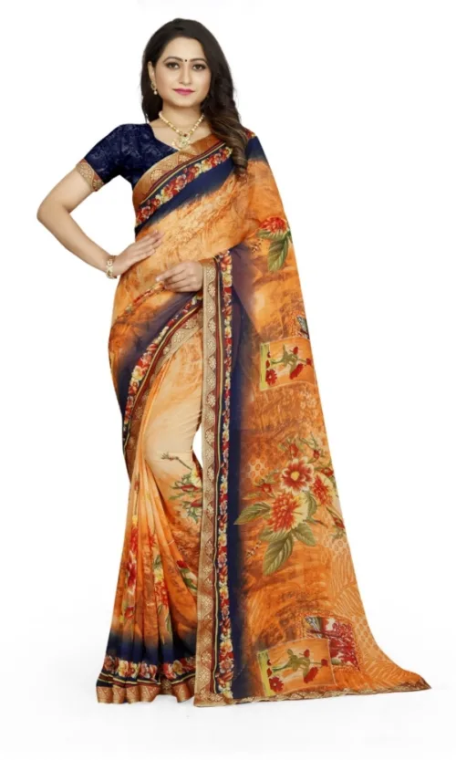 Women's Georgette Floral Print Saree With Unstitched Blouse 5.5Mtr (Blue-Orange)
