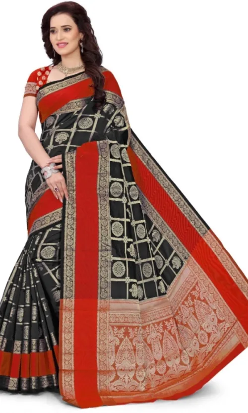 Women's Jacquard Woven Saree With Unstitched Blouse 5.5Mtr (Red-Black)
