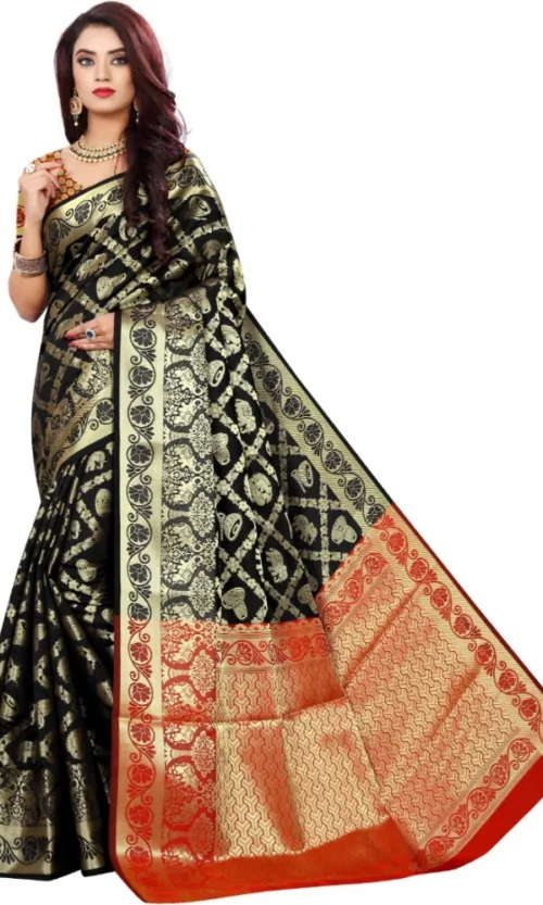 Women's Jacquard Woven Saree With Unstitched Blouse 5.5Mtr (Black)