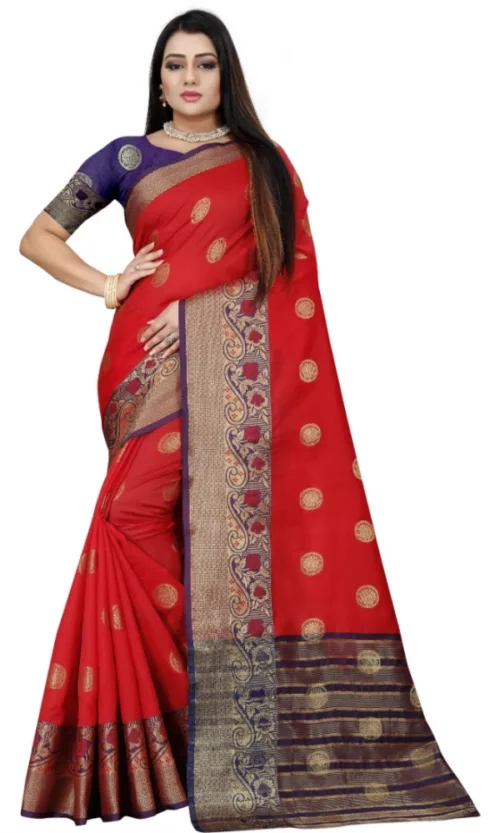 Women's Silk Blend Woven Saree With Unstitched Blouse 5.5Mtr (Red-Blue)