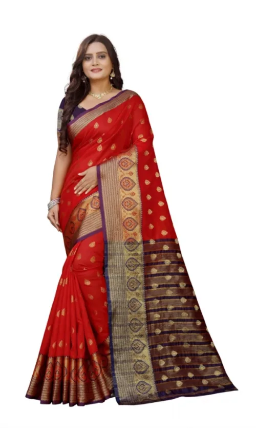 Women's Silk Blend Woven Saree With Unstitched Blouse 5.5Mtr (Purple-Red)