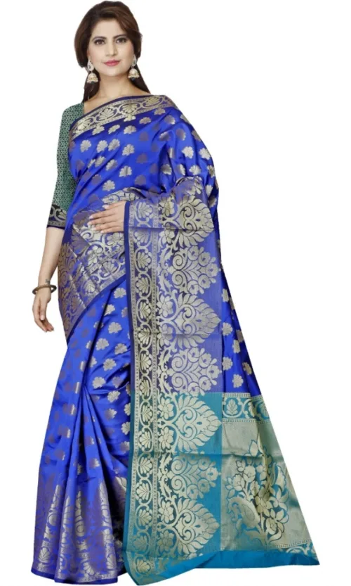 Women's Jacquard Woven Saree With Unstitched Blouse 5.5Mtr (Dark Blue)