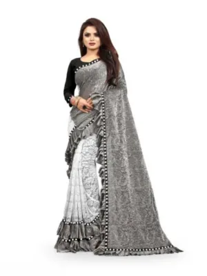 Women's Silk With Mirror Lace Solid Saree With Unstitched Blouse (Grey, 5-5 Mtrs)