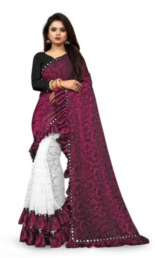 Women's Silk With Mirror Lace Solid Saree With Unstitched Blouse (Pink, 5-5 Mtrs)