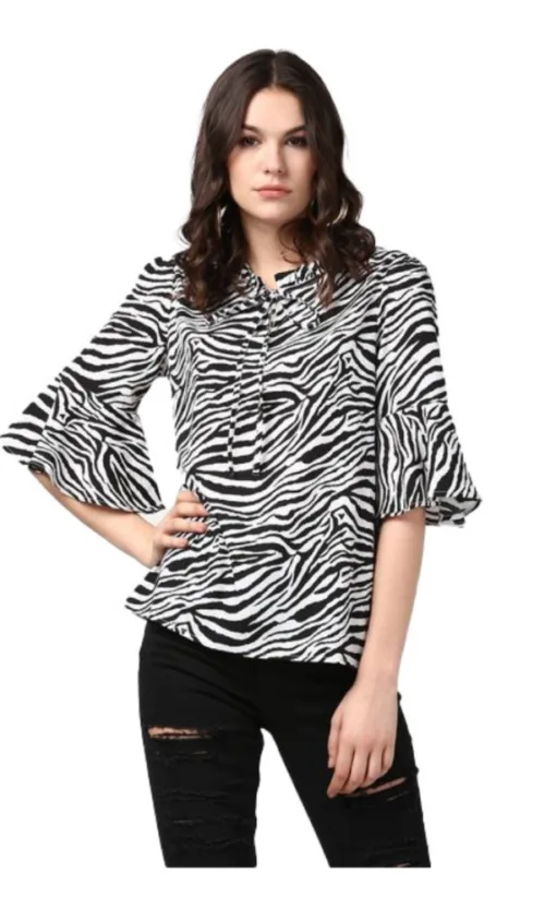 Women's Polyester Animal Print Bell Sleeve Top (Black - White)