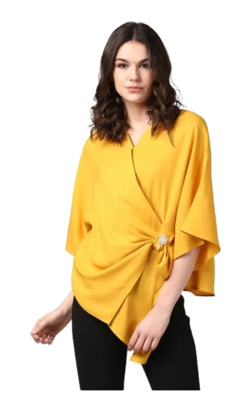 Women's Polyester Solid Cape Sleeve Top (Yellow)