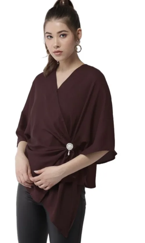 Women's Polyester Solid Cape Sleeve Top (Maroon)