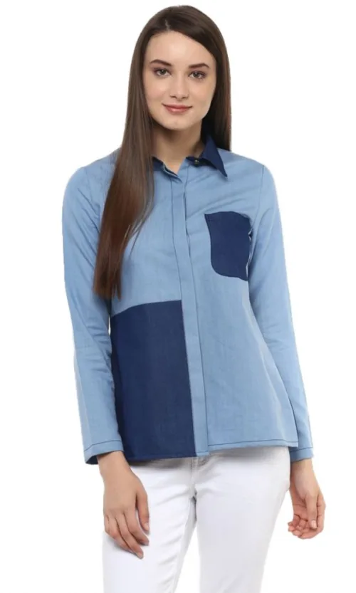 Women's Denim Patch Work Long Sleeves Regular Top (Blue)