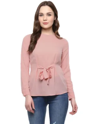 Women's Polyester Solid Long Sleeves Regular Top (Pink)